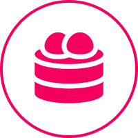 Pink cake icon with two cherries on top inside a white circle.