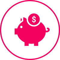Pink piggy bank with a dollar coin symbol, representing savings.