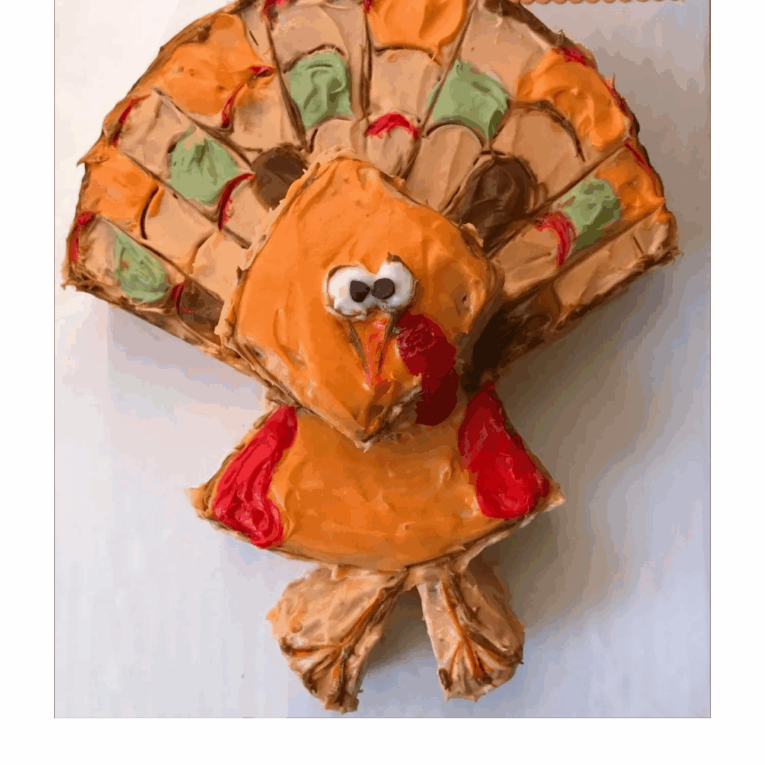 A colorful handmade turkey craft with googly eyes and textured feathers.