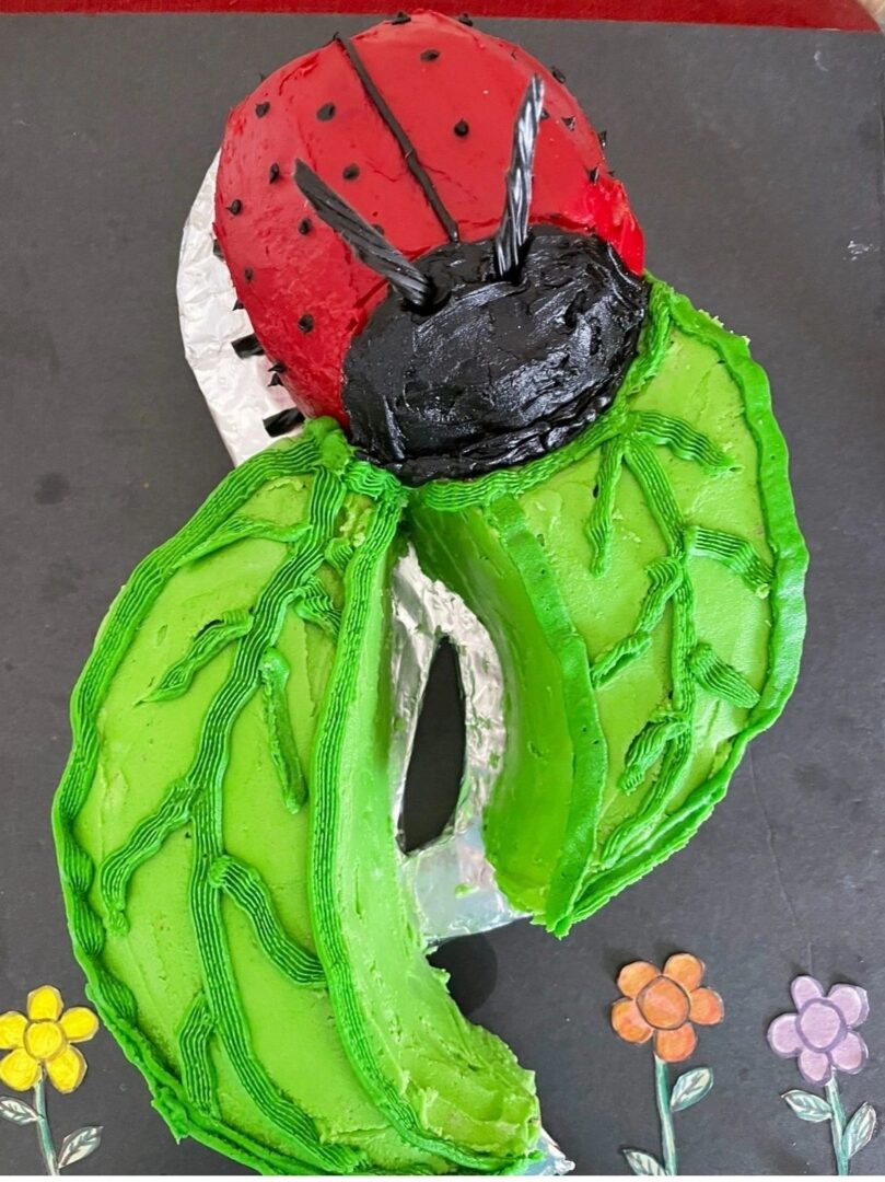 A creative ladybug cake with vibrant red and green icing decoration.